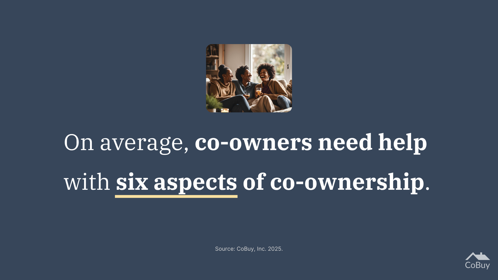 Graphic stating co-owners need help with six aspects of co-ownership, with a photo of a group discussing homeownership.